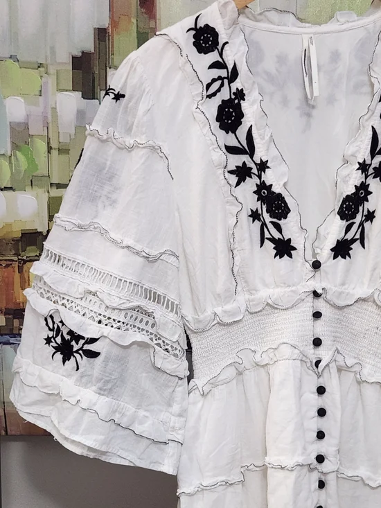 Anthropologie Mini Dress Embroidered Ruffled Vacay Preppy Boho - Picture 7 of 9